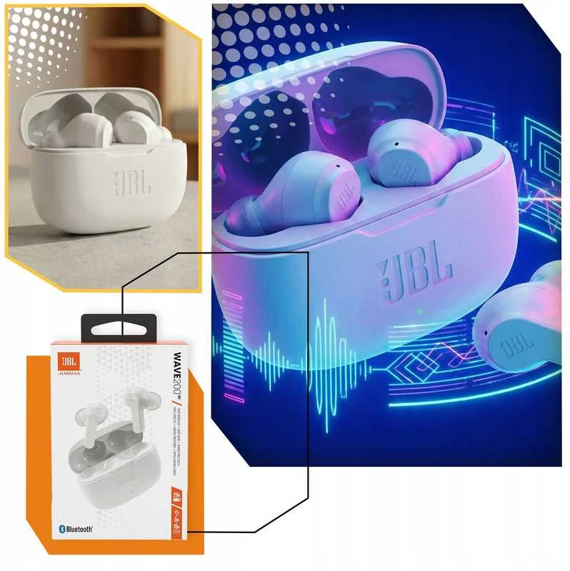 JBL Wave 200 TWS belaidės į ausis įkišamos ausinės su dėklu, 108 dB, baltos