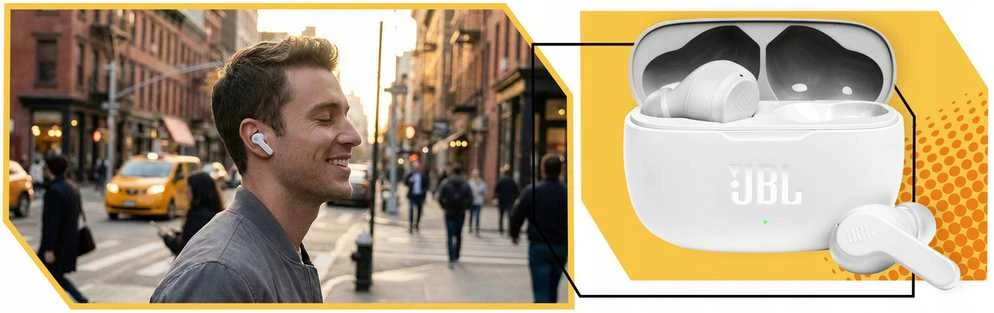 JBL Wave 200 TWS belaidės į ausis įkišamos ausinės su dėklu, 108 dB, baltos