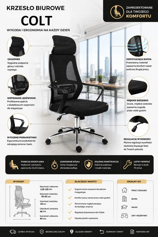 Juoda ergonominė biuro kėdė COLT