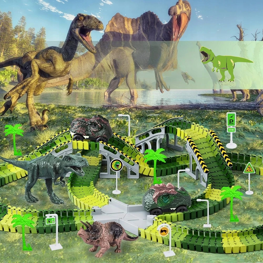 Lanksti automobilių trasa su dinozaurais