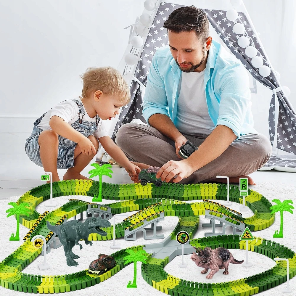 Lanksti automobilių trasa su dinozaurais