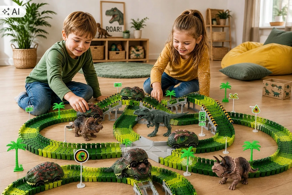 Lanksti automobilių trasa su dinozaurais