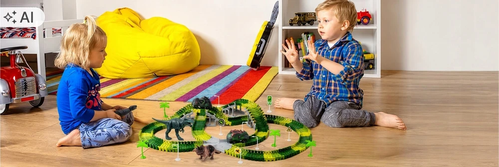Lanksti automobilių trasa su dinozaurais