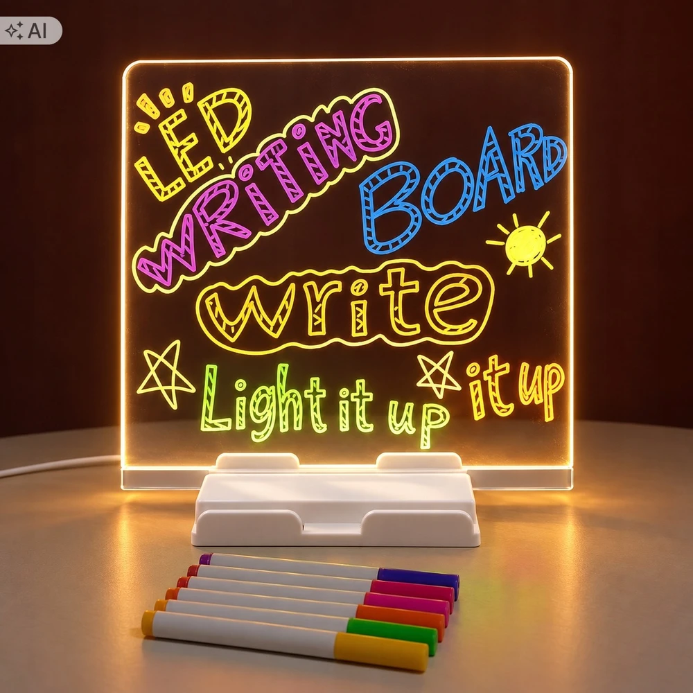 LED piešimo lenta su 7 žymekliais, 20 × 20 cm