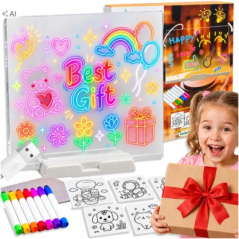 LED piešimo lenta su 7 žymekliais, 20 × 20 cm