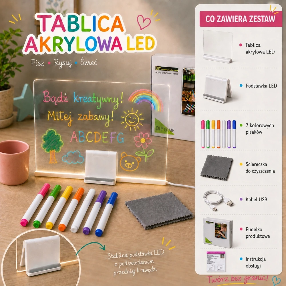 LED piešimo lenta su žymekliais, 30 × 20 cm