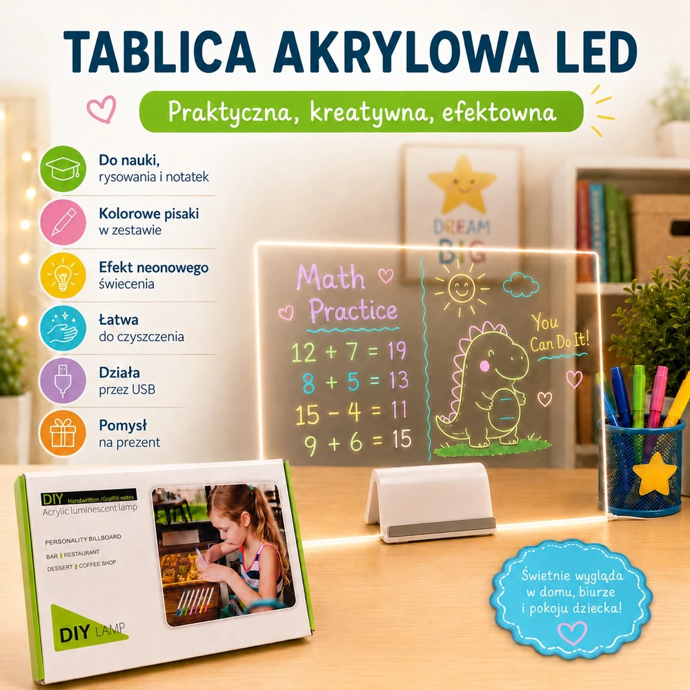 LED piešimo lenta su žymekliais, 30 × 20 cm