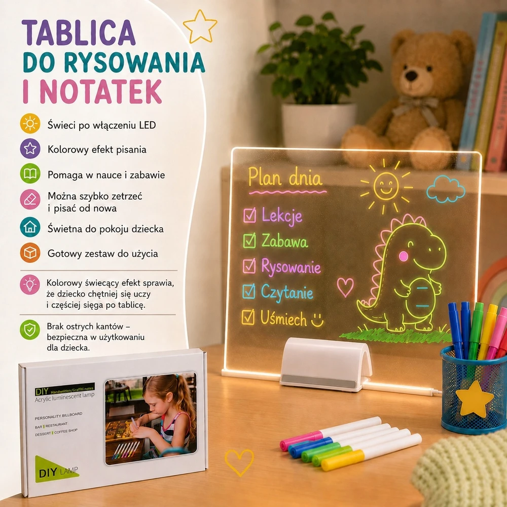LED piešimo lenta su žymekliais, 30 × 20 cm