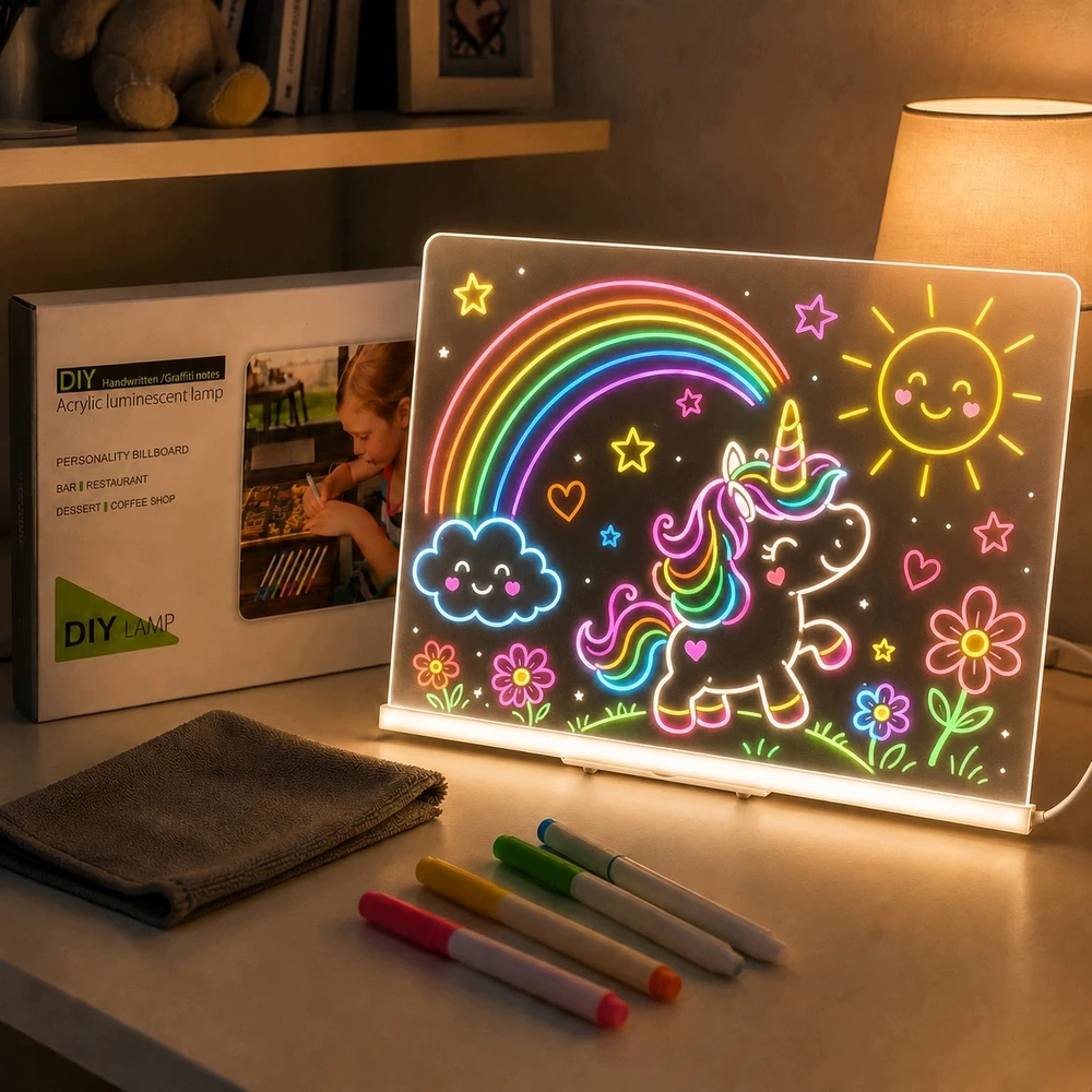 LED piešimo lenta su žymekliais, 30 × 20 cm