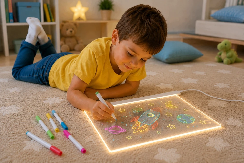 LED piešimo lenta su žymekliais, 30 × 20 cm