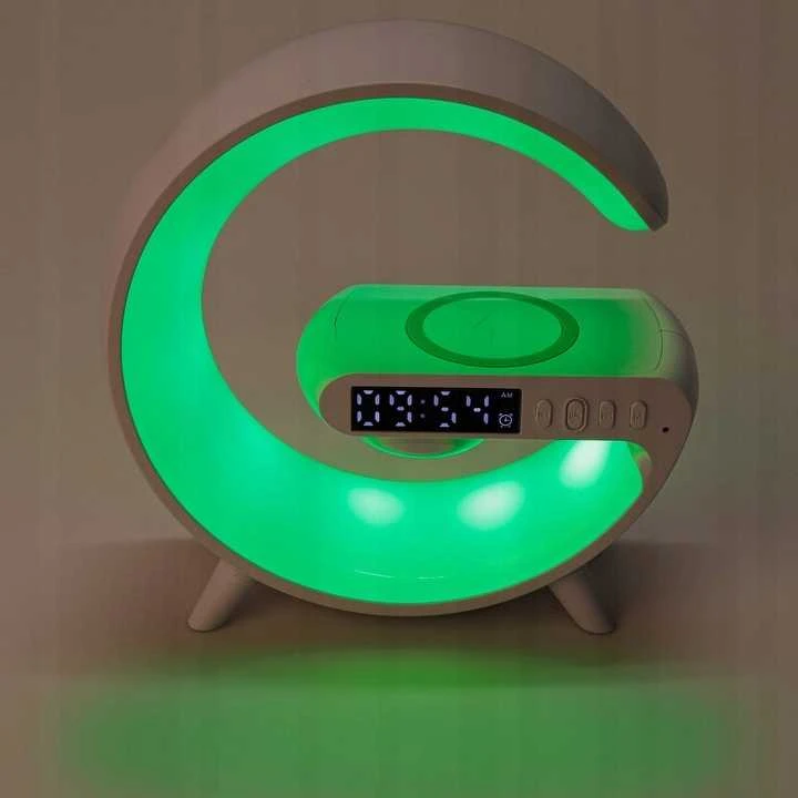 LED RGB naktinė lempa su „Bluetooth“ kolonėle ir QI belaidžiu įkrovikliu