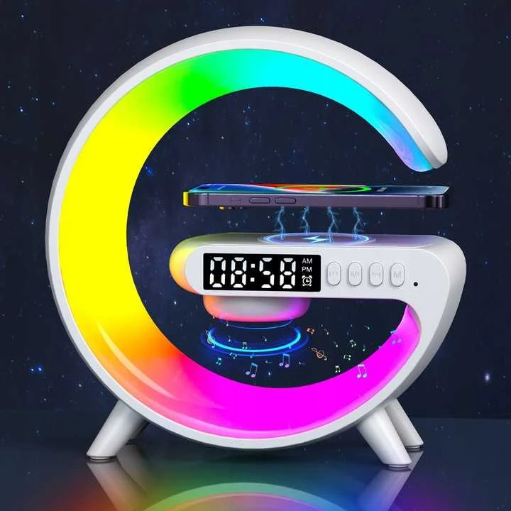LED RGB naktinė lempa su „Bluetooth“ kolonėle ir QI belaidžiu įkrovikliu