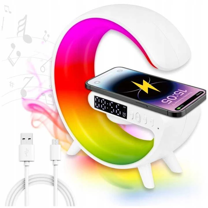 LED RGB naktinė lempa su „Bluetooth“ kolonėle ir QI belaidžiu įkrovikliu