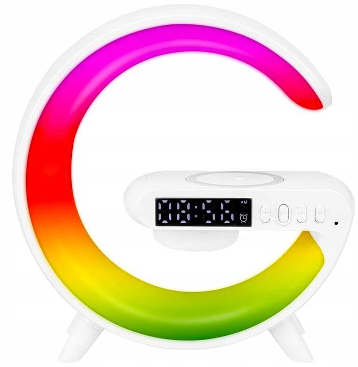 LED RGB naktinė lempa su „Bluetooth“ kolonėle ir QI belaidžiu įkrovikliu