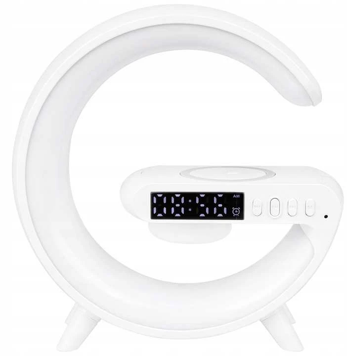 LED RGB naktinė lempa su „Bluetooth“ kolonėle ir QI belaidžiu įkrovikliu