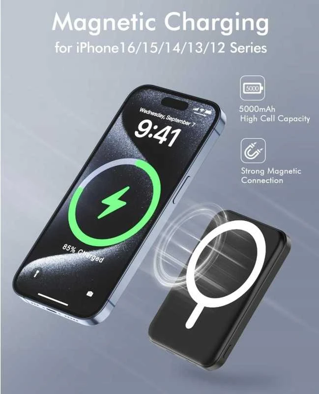 Magnetinis belaidis powerbankas 5000 mAh – mini, juodas, iPhone su MagSafe