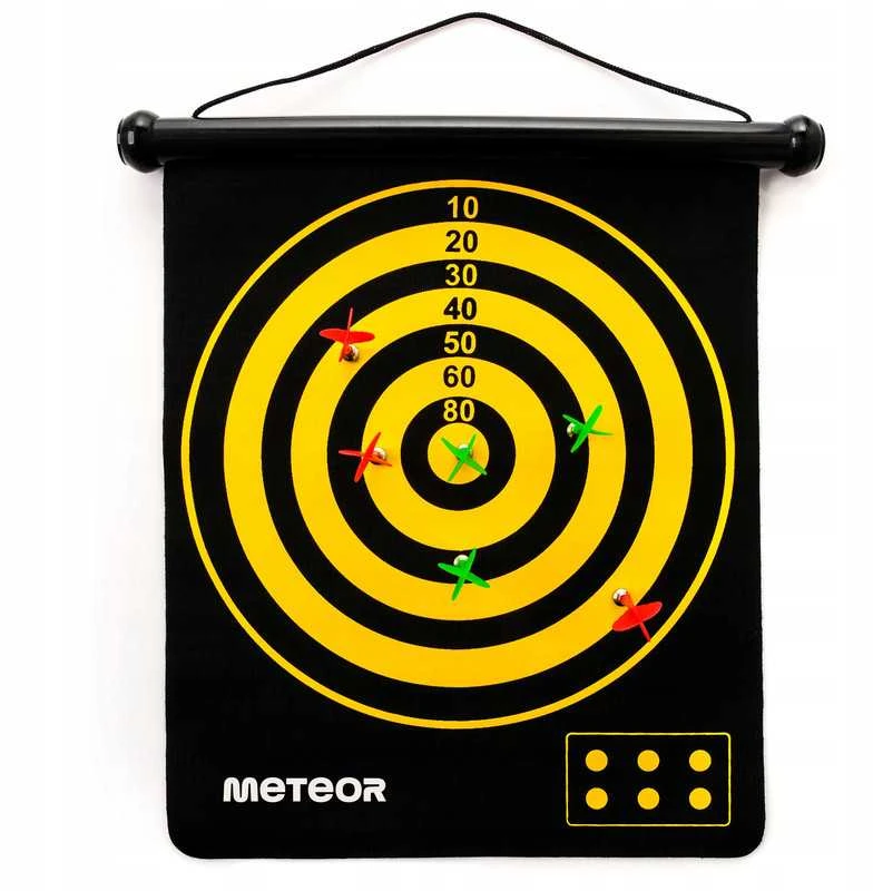 Magnetinis dvipusis dartų skydas METEOR, susukamas, su 6 magnetiniais smiginiais (2 žaidimai)