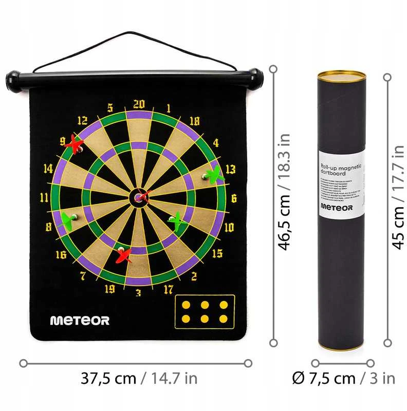 Magnetinis dvipusis dartų skydas METEOR, susukamas, su 6 magnetiniais smiginiais (2 žaidimai)