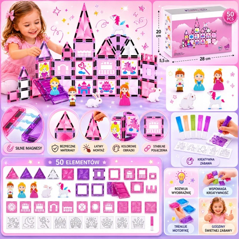 Magnetinių kaladėlių rinkinys „Princesės pilis“, 50 dalių