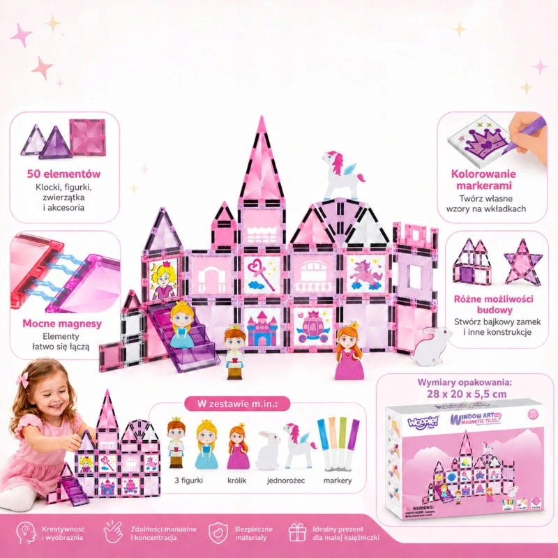 Magnetinių kaladėlių rinkinys „Princesės pilis“, 50 dalių