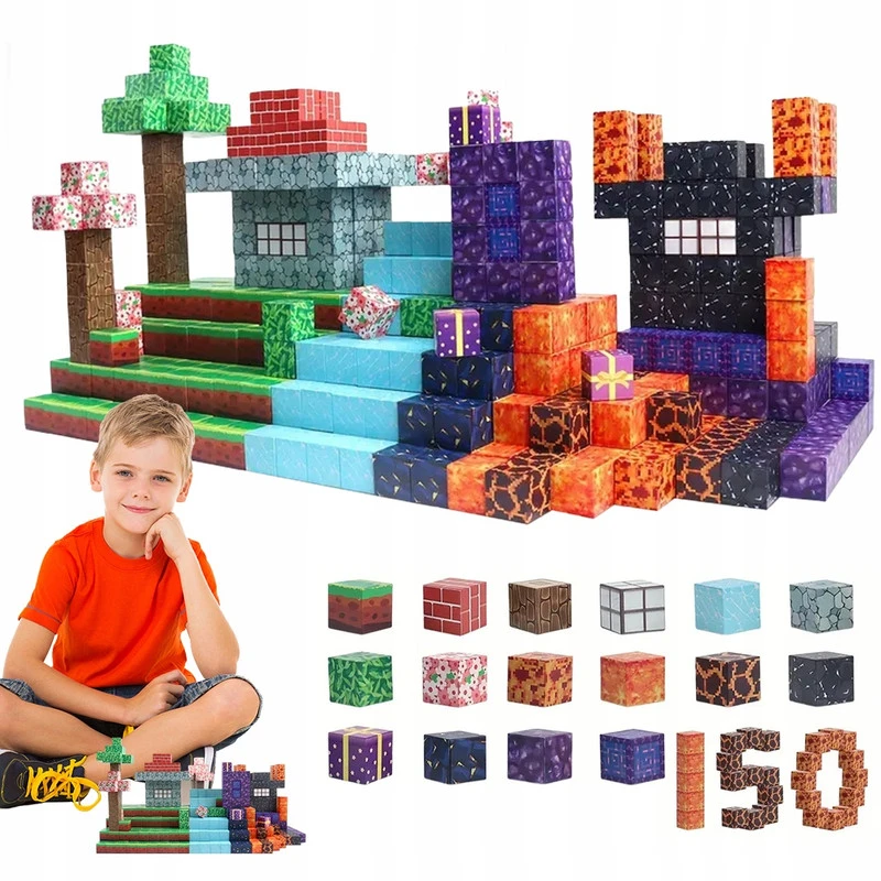 Magnetinių kaladėlių rinkinys su stipriais magnetais, 150 vnt.