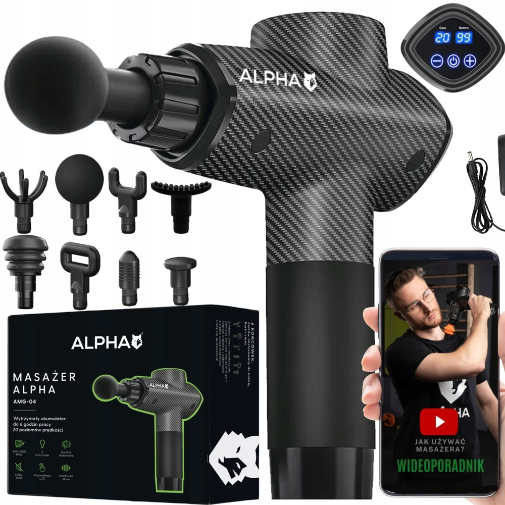 Masažo pistoletas ALPHA, 8 antgaliai
