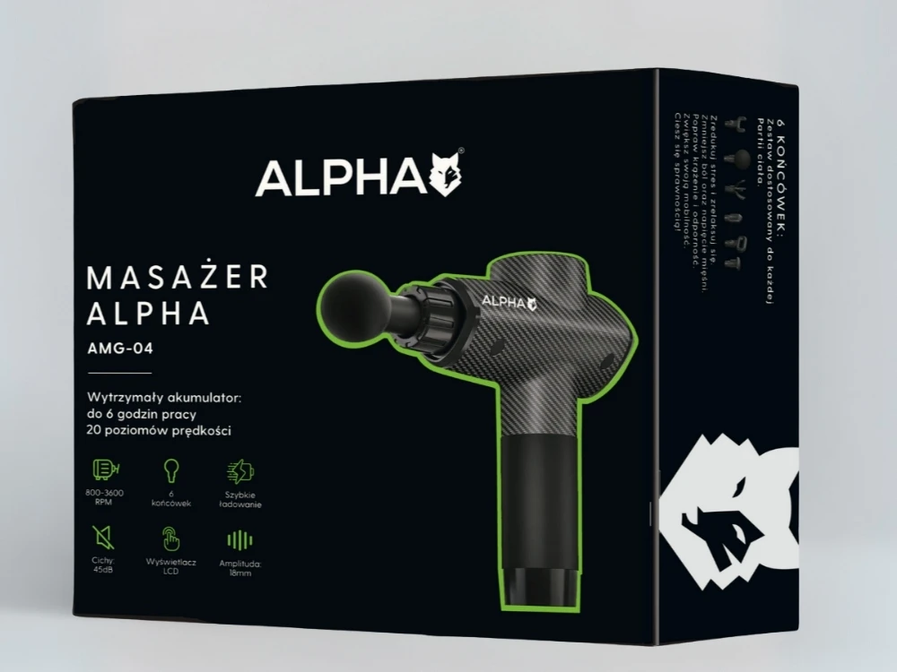 Masažo pistoletas ALPHA, 8 antgaliai