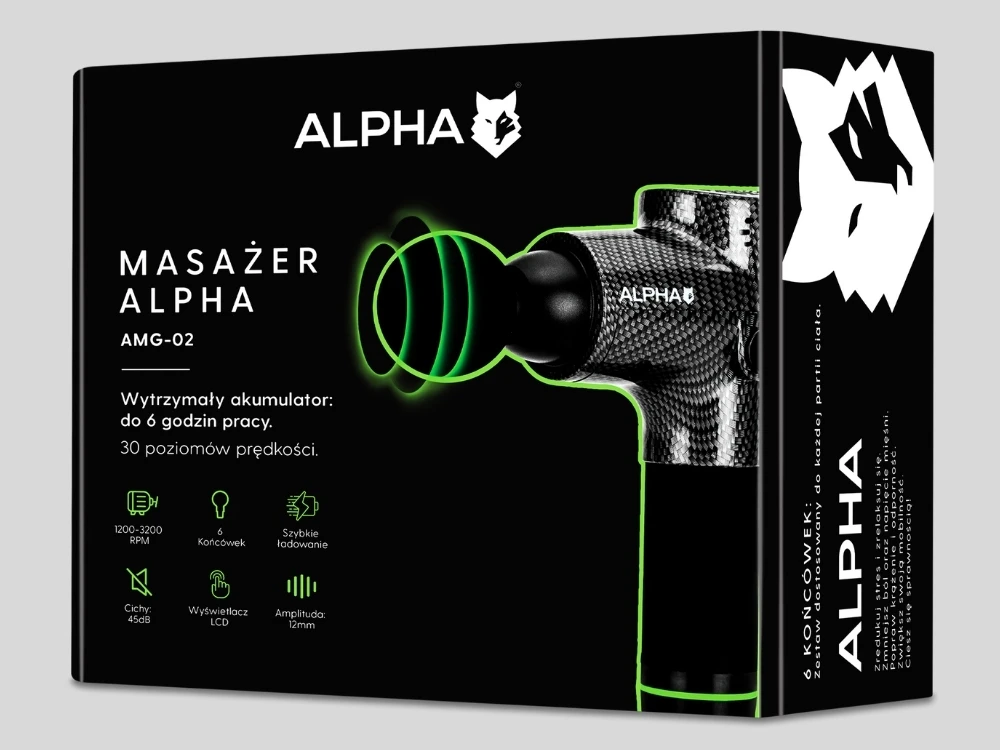 Masažo pistoletas ALPHA, 9 antgaliai