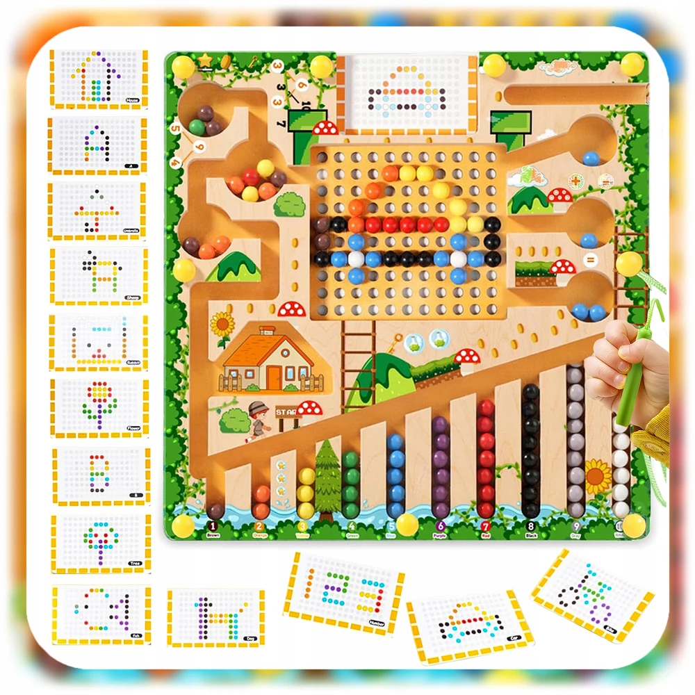 Medinė magnetinė lavinamoji lenta su labirintu, 55 rutuliukai