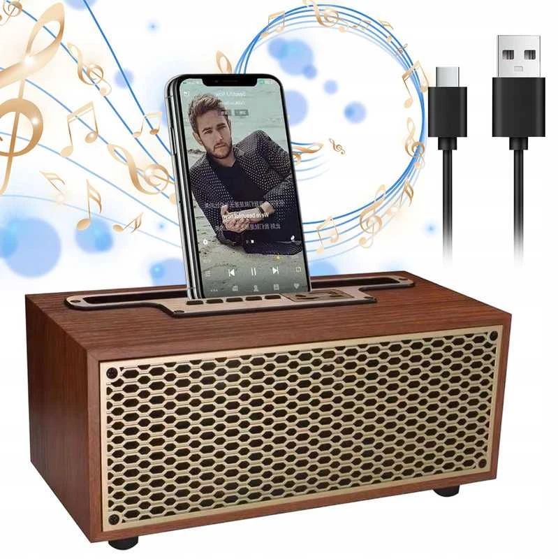 Medinė retro stiliaus „Bluetooth“ kolonėlė su radiju, 8 W galia ir bosu