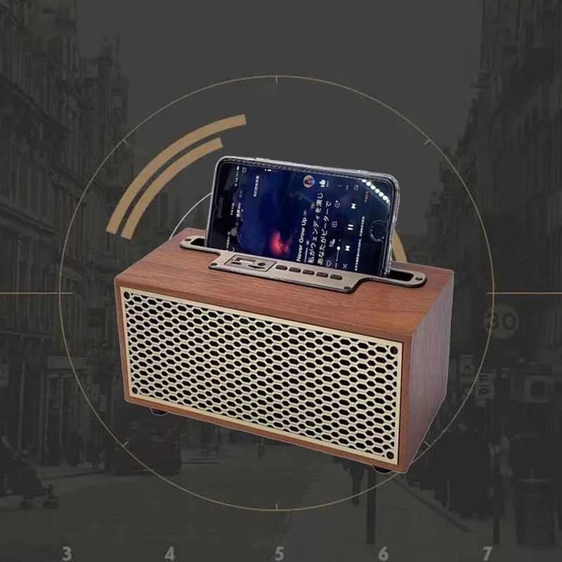 Medinė retro stiliaus „Bluetooth“ kolonėlė su radiju, 8 W galia ir bosu