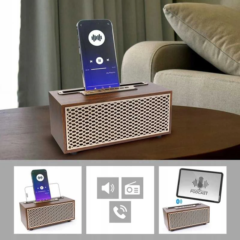 Medinė retro stiliaus „Bluetooth“ kolonėlė su radiju, 8 W galia ir bosu
