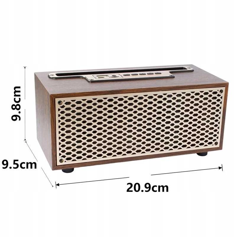 Medinė retro stiliaus „Bluetooth“ kolonėlė su radiju, 8 W galia ir bosu