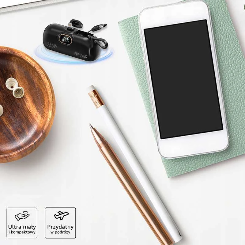 Mini powerbank iPhone telefonui – kompaktiškas, su Lightning ir PD įkrovimu