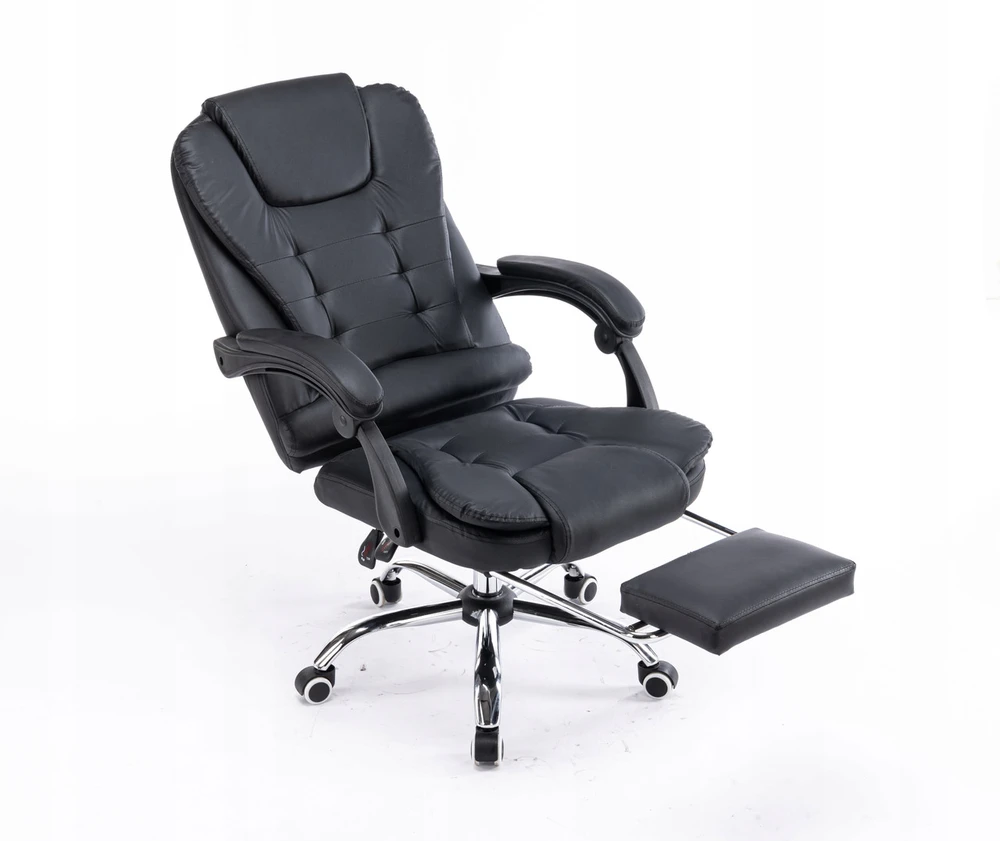 Patogi ergonominė darbo kėdė su kojų atrama juoda