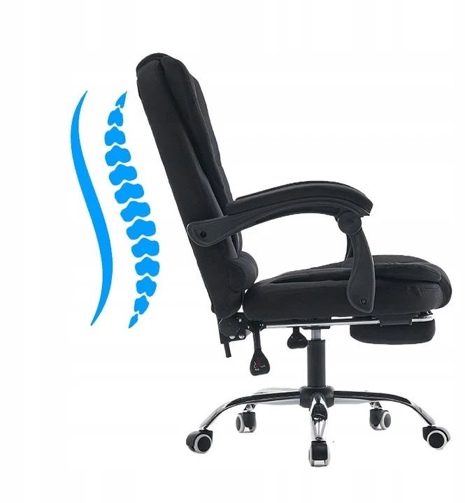 Patogi ergonominė darbo kėdė su kojų atrama juoda