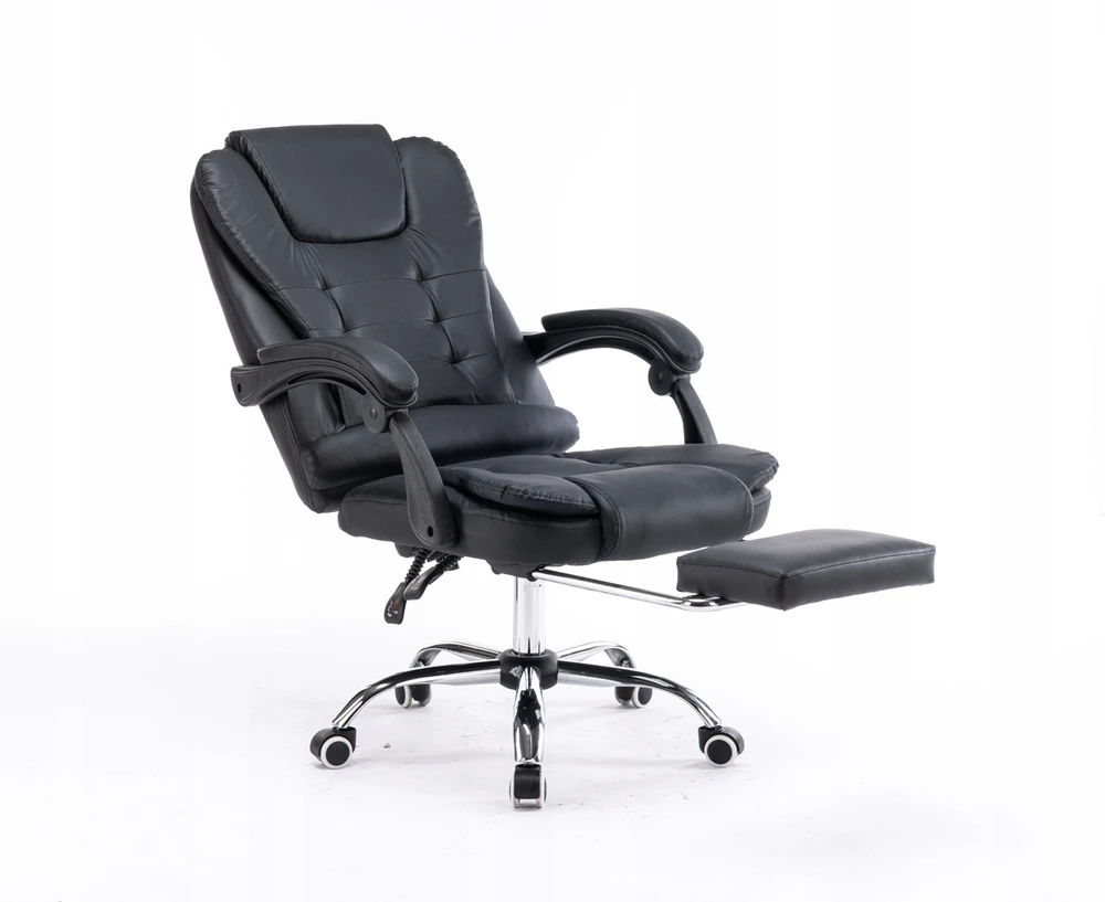 Patogi ergonominė darbo kėdė su kojų atrama juoda