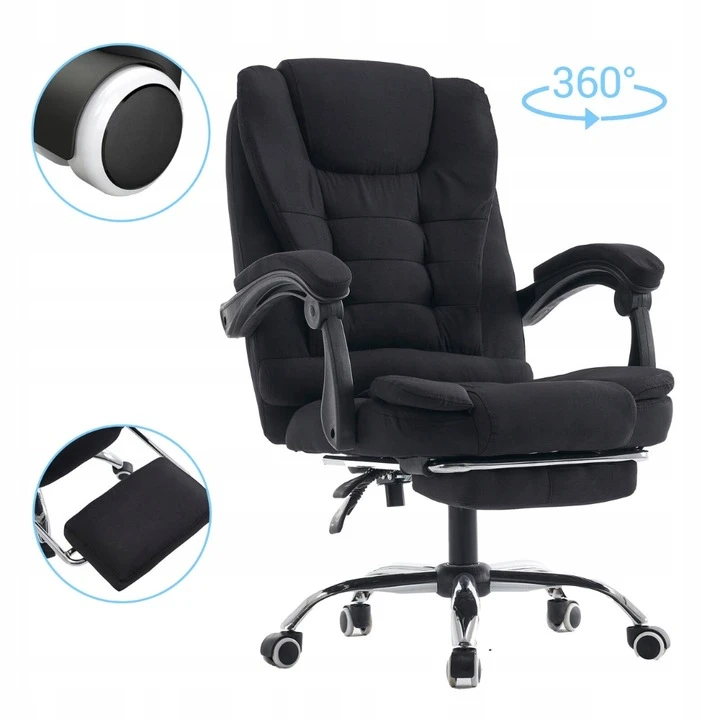 Patogi ergonominė darbo kėdė su kojų atrama juoda