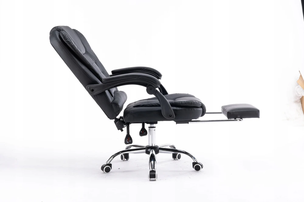 Patogi ergonominė darbo kėdė su kojų atrama juoda