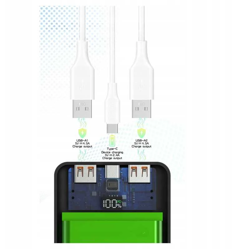 Powerbank 10000 mAh – greitas įkrovimas (PD 22.5W), USB-A/C, LED ekranas