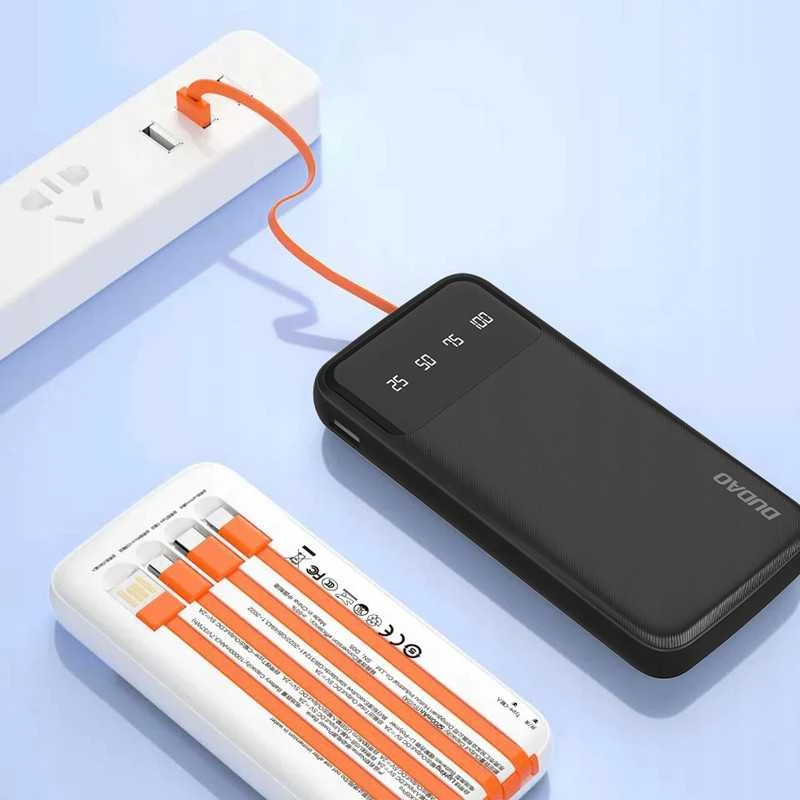 Powerbank 10000 mAh – su integruotais USB, USB-C, Lightning laidais ir LED ekranu