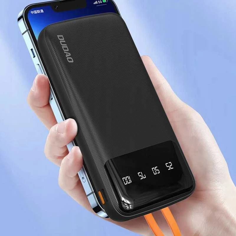 Powerbank 10000 mAh – su integruotais USB, USB-C, Lightning laidais ir LED ekranu