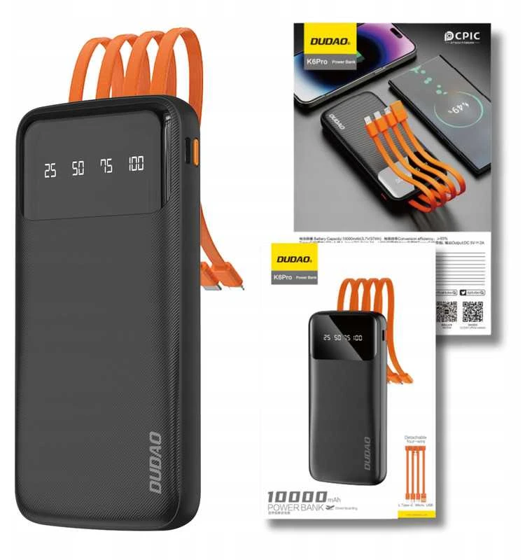 Powerbank 10000 mAh – su integruotais USB, USB-C, Lightning laidais ir LED ekranu