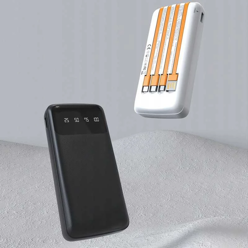 Powerbank 10000 mAh – su integruotais USB, USB-C, Lightning laidais ir LED ekranu