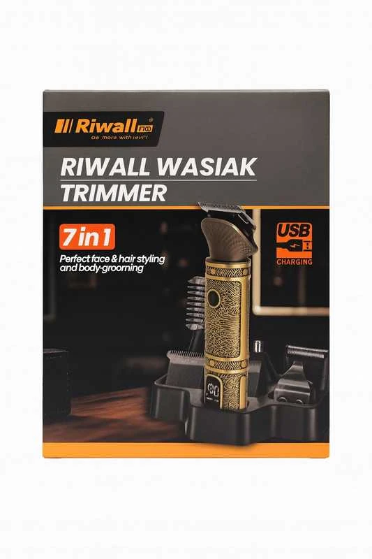 Barzdaskutė Riwall Wasiak elektrinė plaukų ir barzdos kirpimo mašinėlė – 7 viename rinkinys, auksinės spalvos