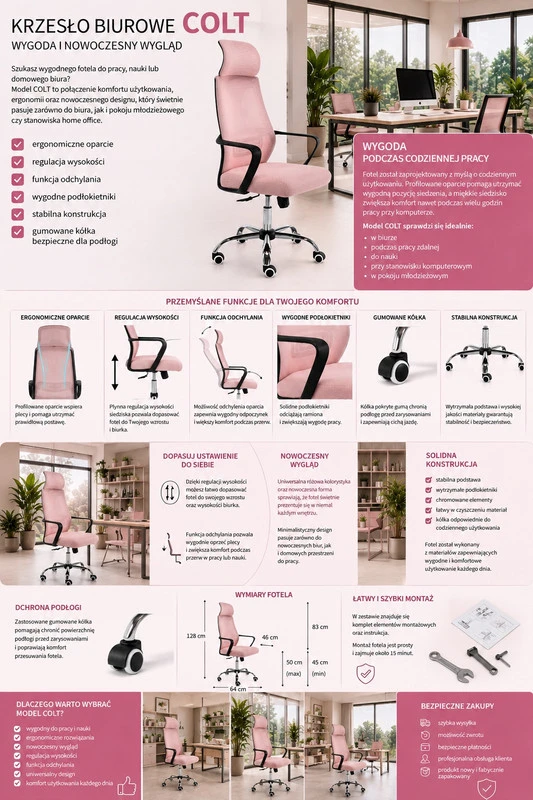 Rožinė ergonominė biuro kėdė COLT