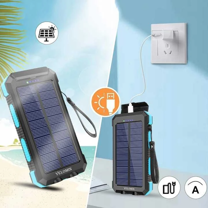 Saulės energija įkraunamas powerbankas 30000 mAh – atsparus vandeniui, puikiai tinka kelionėms