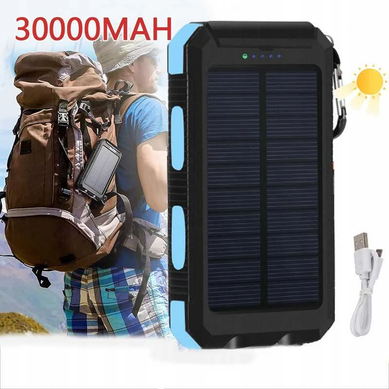 Saulės energija įkraunamas powerbankas 30000 mAh – atsparus vandeniui, puikiai tinka kelionėms