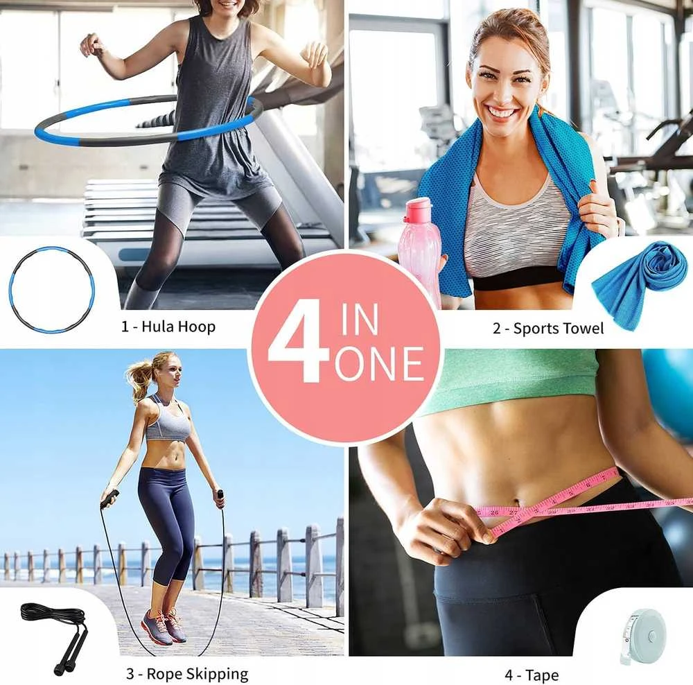Sulankstomas Hula Hoop lankas 90 cm su šokdyne ir matavimo taurele fitness treniruotėms