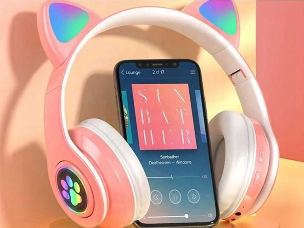 Šviečiančios belaidės ausinės su katės ausimis, LED ir Bluetooth
